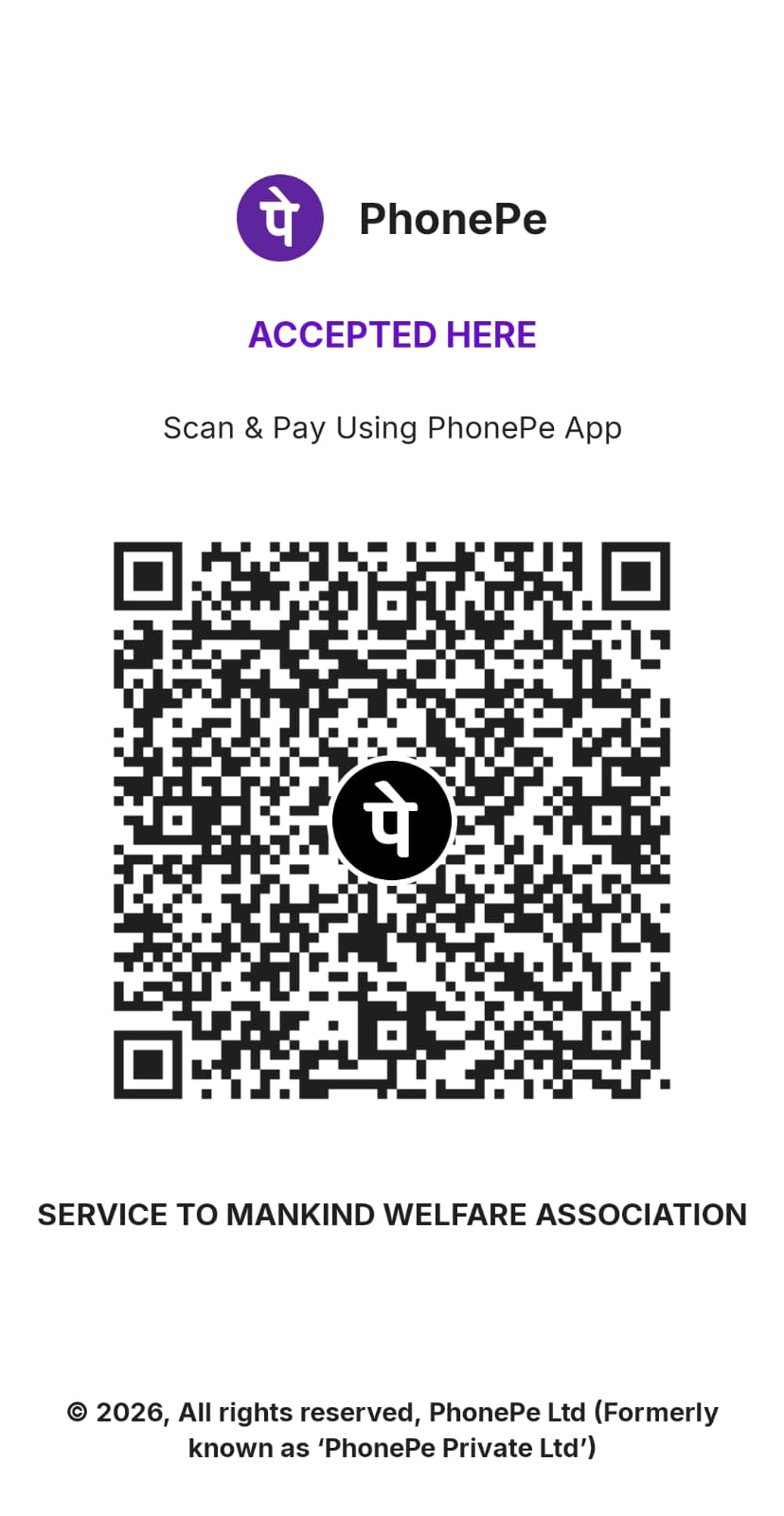Scan to pay Service to Mankind via UPI — UPI number 8985137002
